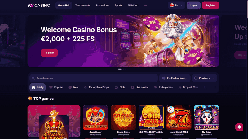 NV Casino - Op til €2.000 velkomstbonus + 225 gratis spins